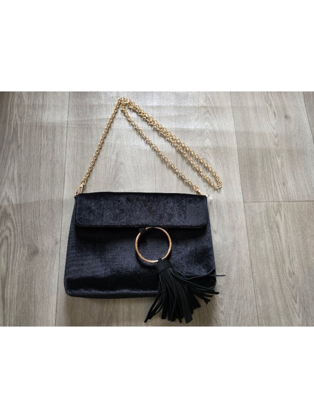 Anthropologie Street Level Black Velvet Tassel Crossbody Bag Gold Chain & Ring